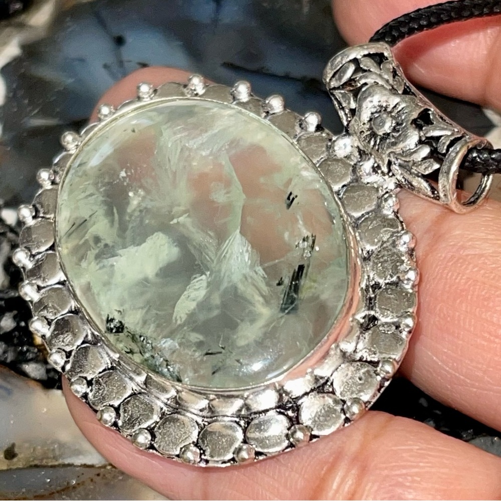 Pale Yellow Green Moss Prehnite Pendant  1 1/2”x 1 1/2”